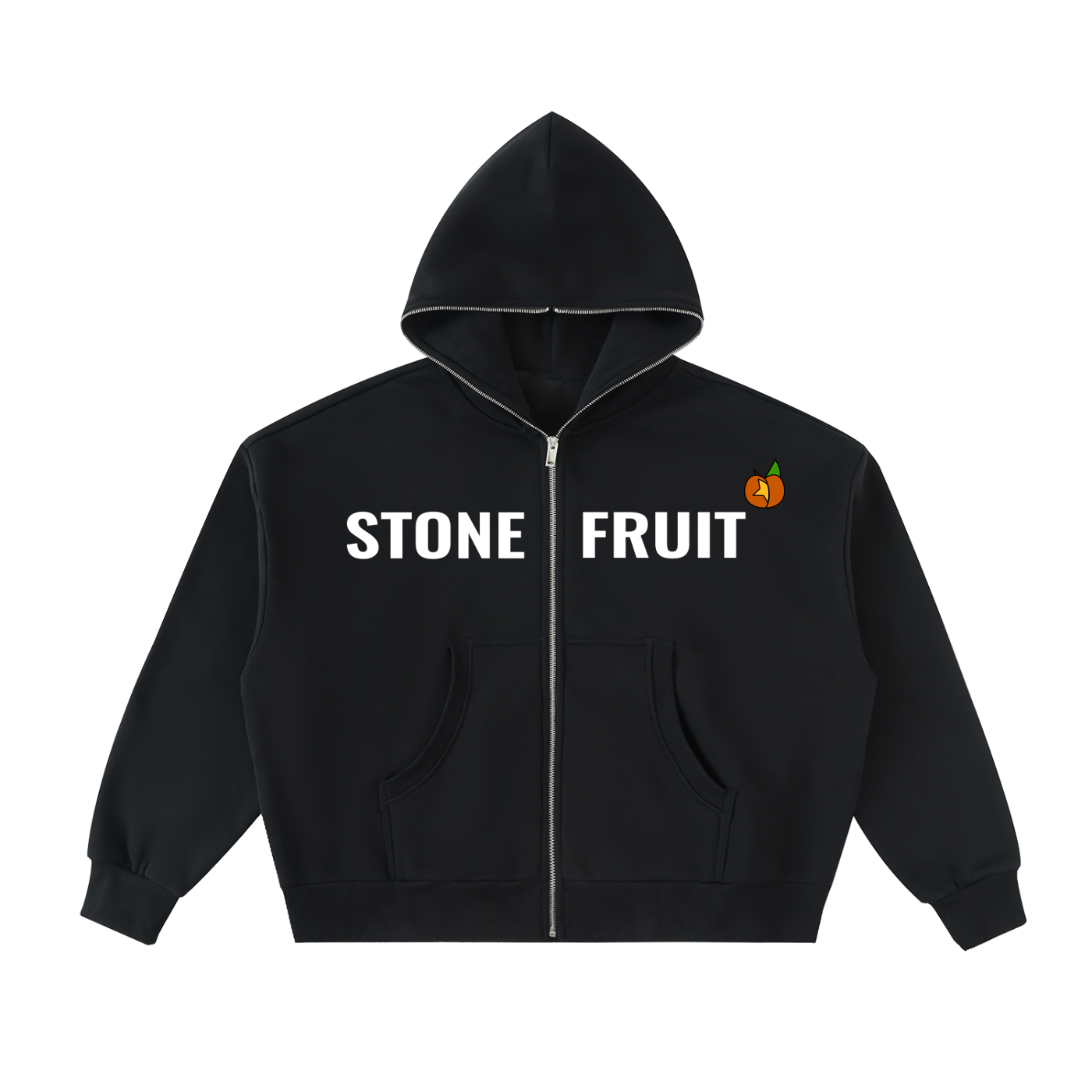 Stonefruit zip hoodie — black, STONE FRUIT wordmark across the chest, peach patch on the right chest
