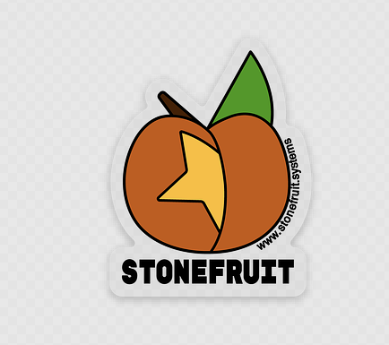 Stonefruit die-cut sticker — peach illustration with STONEFRUIT wordmark and stonefruit.systems URL curved around the edge